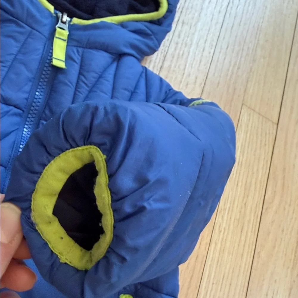 SNOZU Toddler Blue & Neon Green Hood Puffer Fleece Lined Jacket with Double Zip